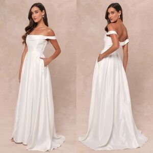 Lulus Extraordinary Vow White Off-the-Shoulder Maxi Dress with Pockets S Wedding